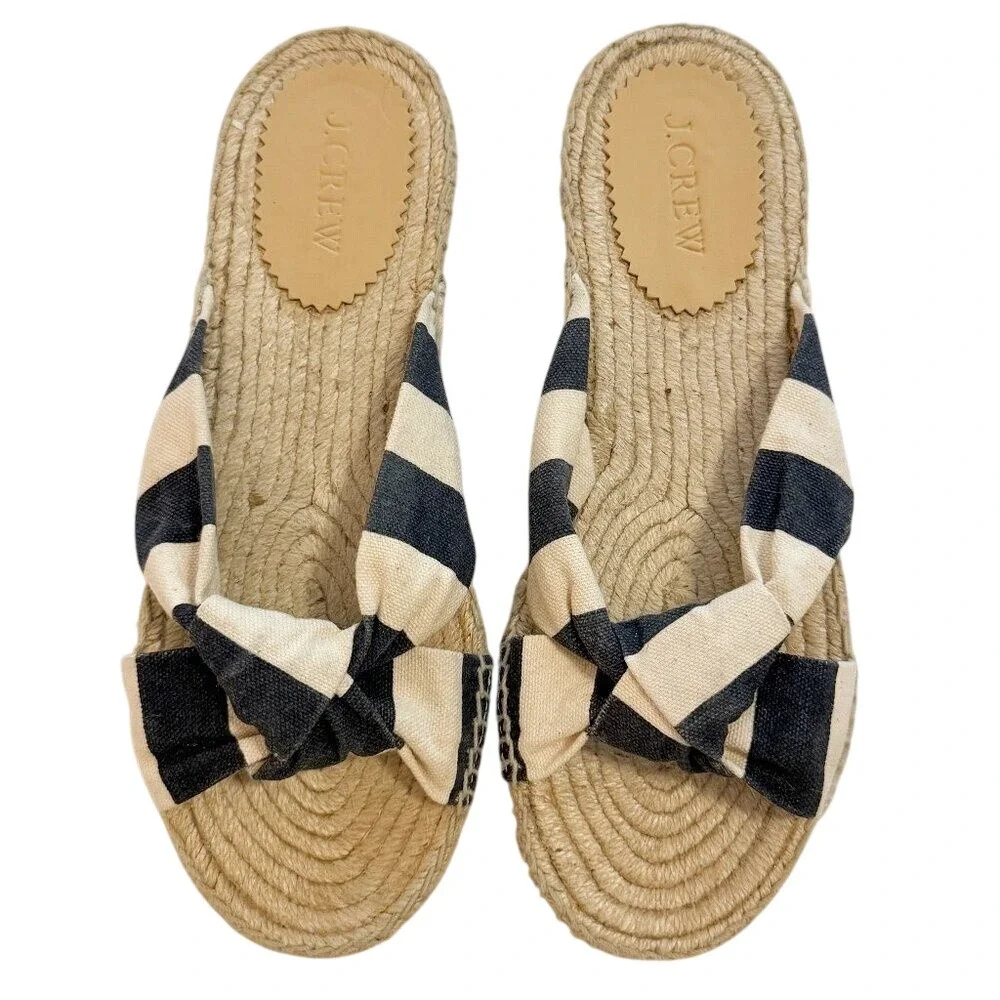 J. Crew Striped Knotted Espadrilles Navy White Canvas Slides Sandals Size 8